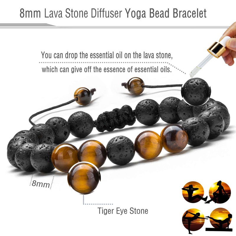 Hamoery Men Women 8mm Lava Rock Aromatherapy Anxiety Essential Oil Diffuser Bracelet Braided Rope Natural Stone Yoga Beads Bracelet Bangle(Tiger Eye) - Image 1